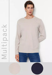 Navy Blue-Beige Men 2-Pack 100% Cotton Long Sleeve Regular/Regular Cut Basic T-Shirt.