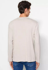 Navy Blue-Beige Men 2-Pack 100% Cotton Long Sleeve Regular/Regular Cut Basic T-Shirt.