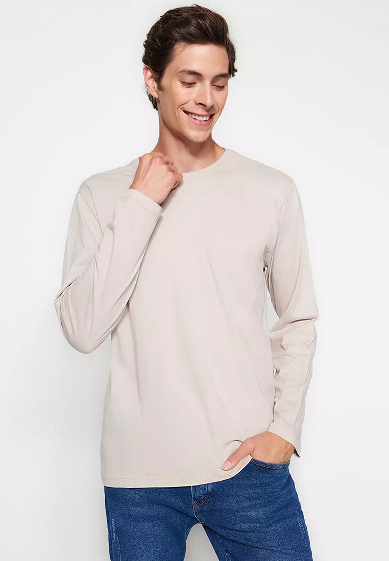 Navy Blue-Beige Men 2-Pack 100% Cotton Long Sleeve Regular/Regular Cut Basic T-Shirt.