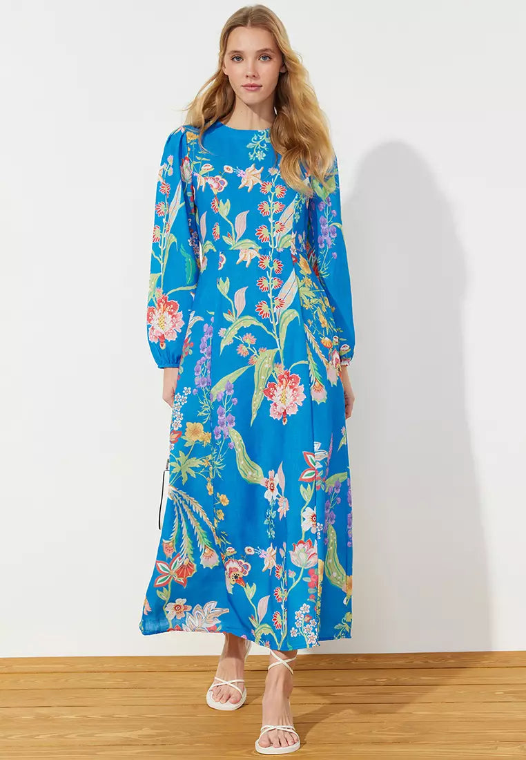 Modest Floral Pattern Woven Dress