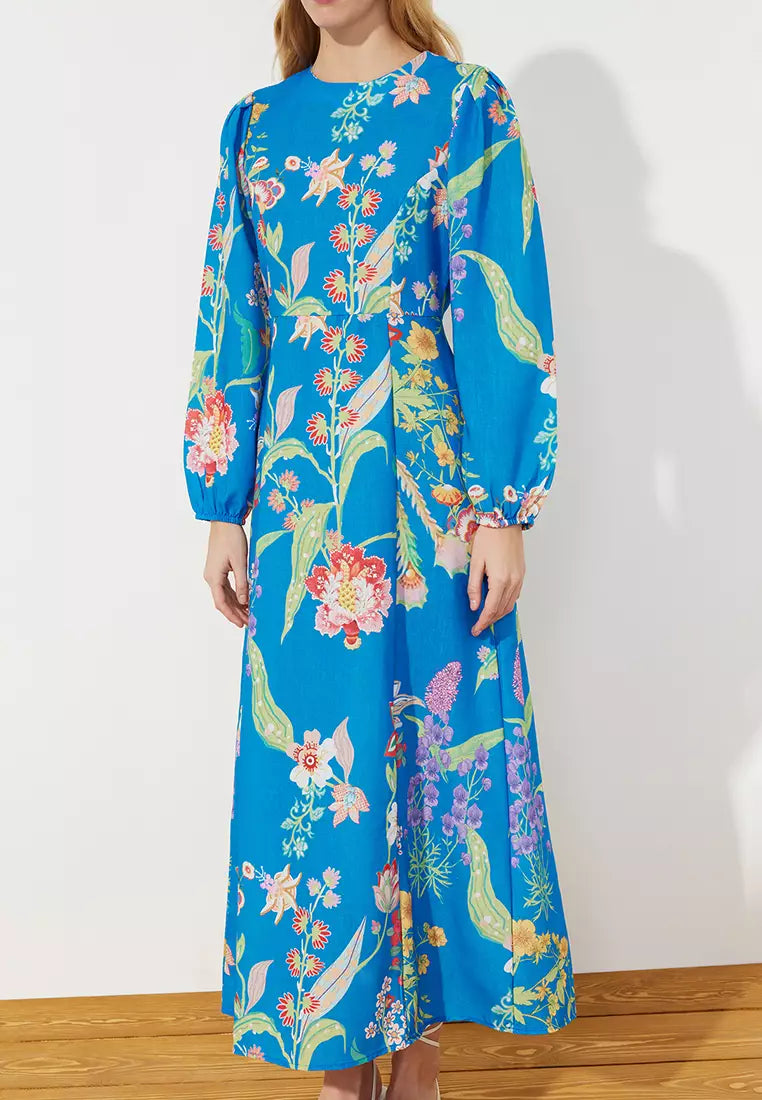 Modest Floral Pattern Woven Dress