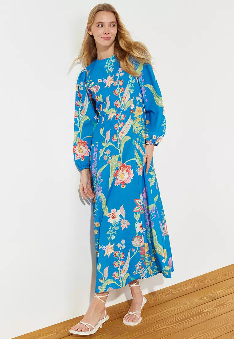 Modest Floral Pattern Woven Dress