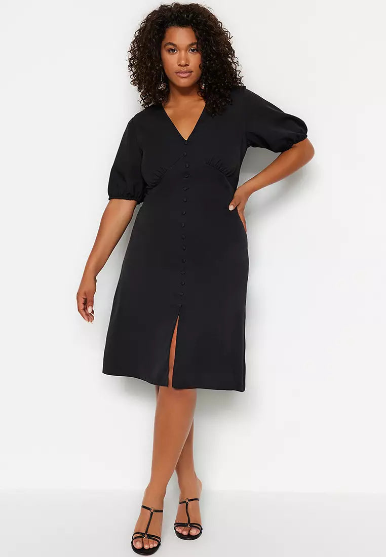 Plus Size Black Buttoned Slit Detailed Woven Dress