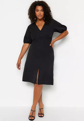 Plus Size Black Buttoned Slit Detailed Woven Dress