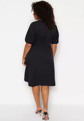 Plus Size Black Buttoned Slit Detailed Woven Dress