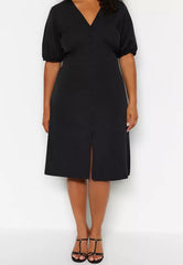 Plus Size Black Buttoned Slit Detailed Woven Dress