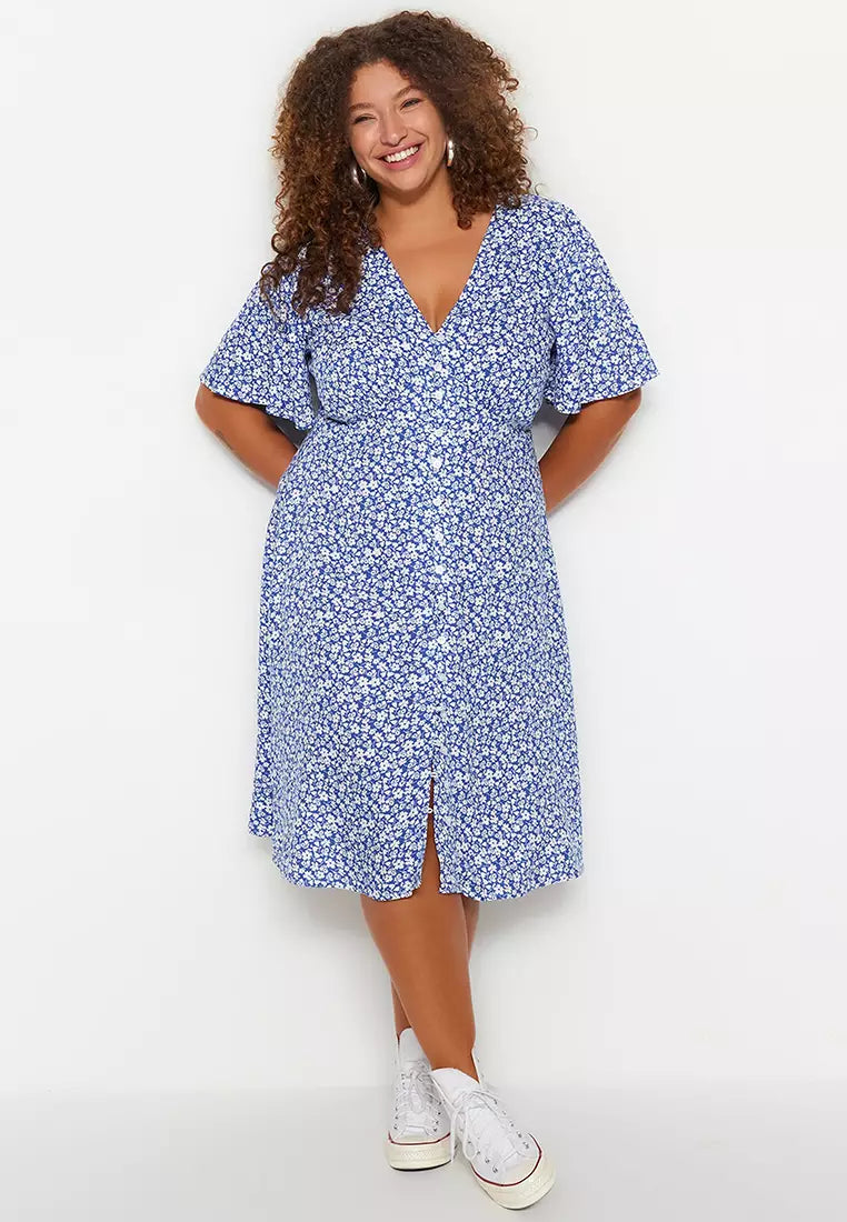 Plus Size Navy Blue Woven Floral Dress