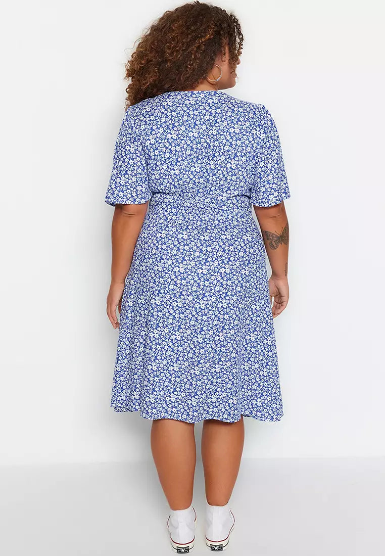 Plus Size Navy Blue Woven Floral Dress