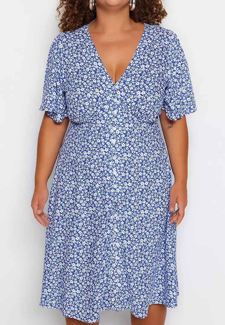 Plus Size Navy Blue Woven Floral Dress