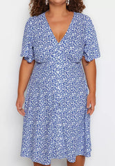 Plus Size Navy Blue Woven Floral Dress