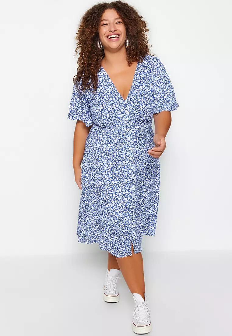 Plus Size Navy Blue Woven Floral Dress