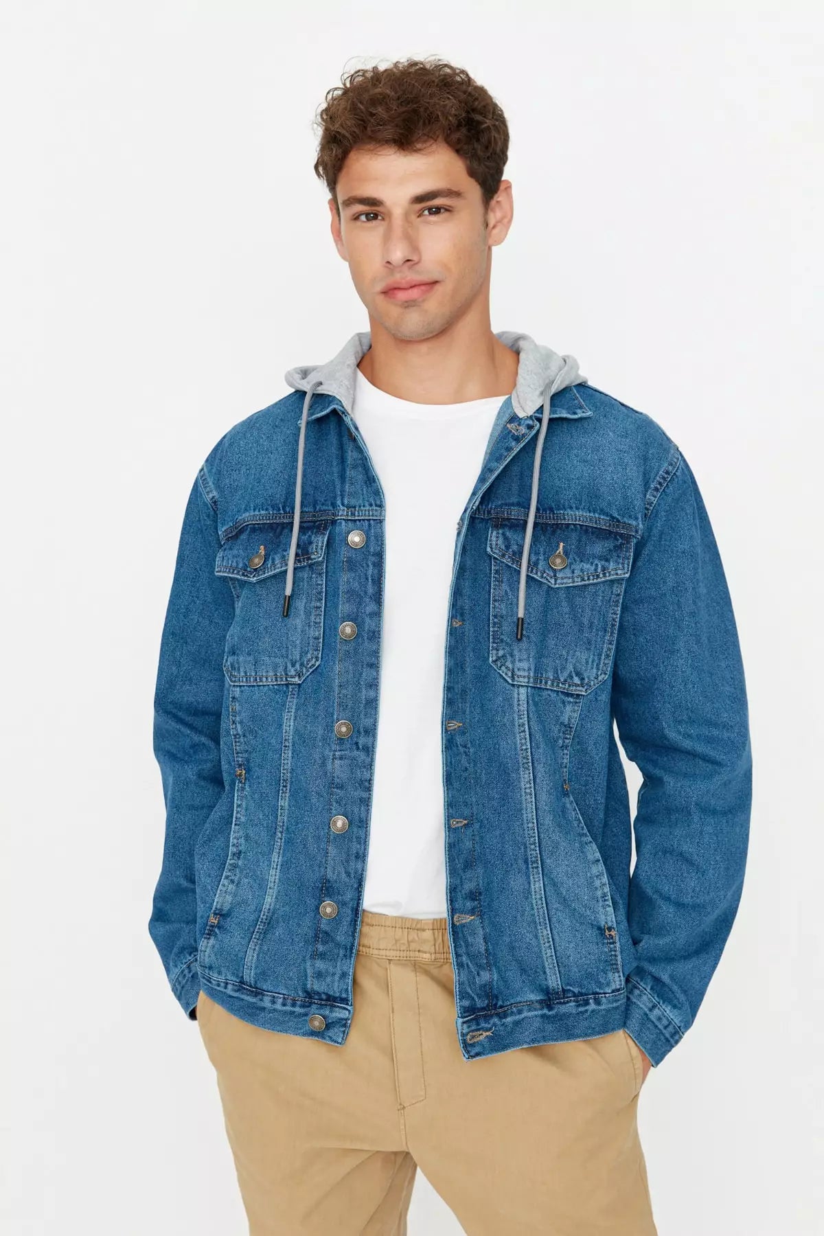 Men's Indigo Regular Fit Knitted Denim Jacket with a Hooded