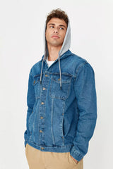 Men's Indigo Regular Fit Knitted Denim Jacket with a Hooded