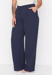 Plus Size Navy Blue High Waist Pleated Woven Trousers