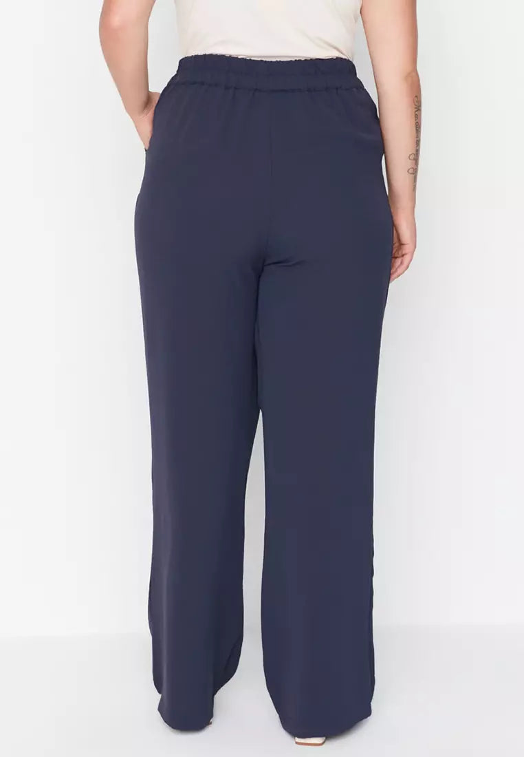 Plus Size Navy Blue High Waist Pleated Woven Trousers