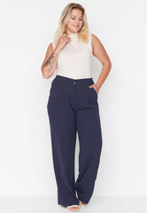 Plus Size Navy Blue High Waist Pleated Woven Trousers