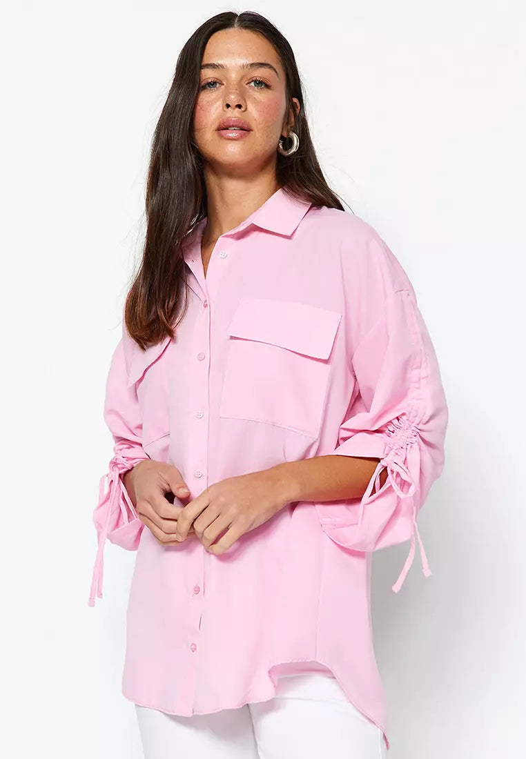 Light Pink Pullover Adjustable Sleeves, Woven Cotton Shirt