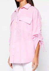 Light Pink Pullover Adjustable Sleeves, Woven Cotton Shirt