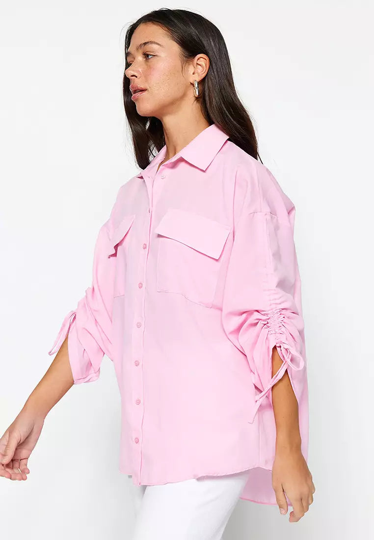 Light Pink Pullover Adjustable Sleeves, Woven Cotton Shirt