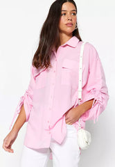 Light Pink Pullover Adjustable Sleeves, Woven Cotton Shirt