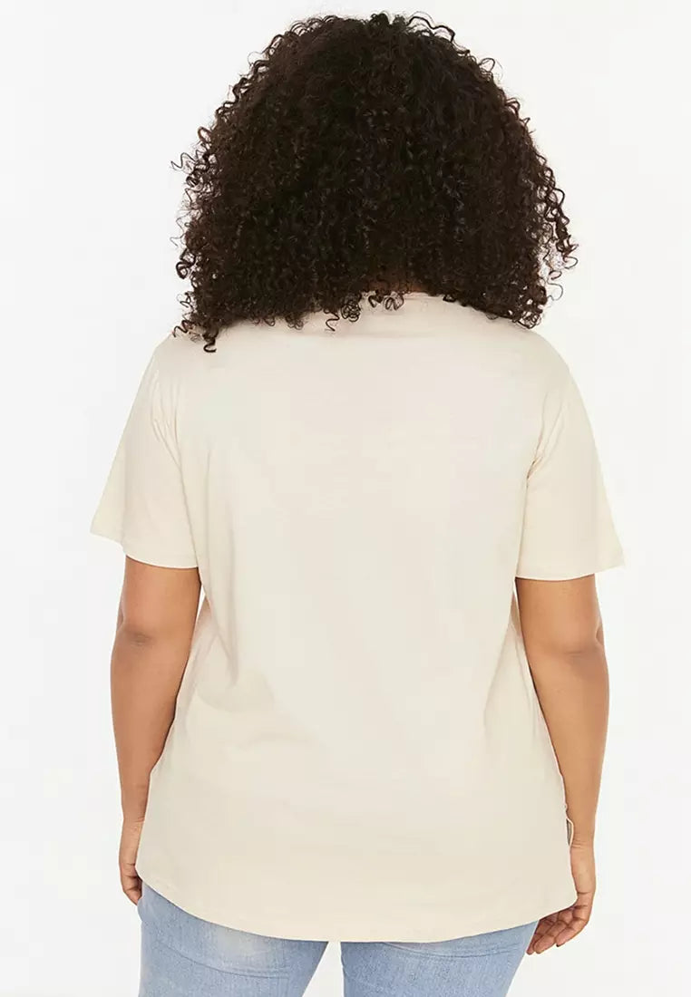 Plus Size Beige Knitted Printed T-Shirt