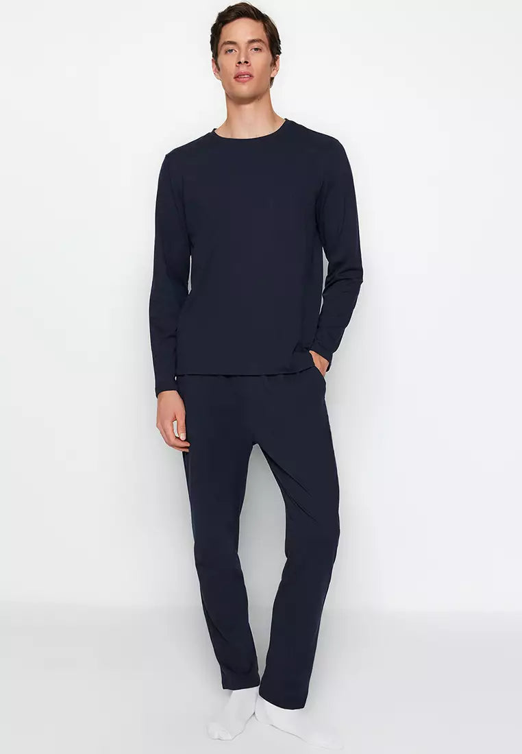 Men's Navy Blue Regular Fit Knitted Pajamas Set