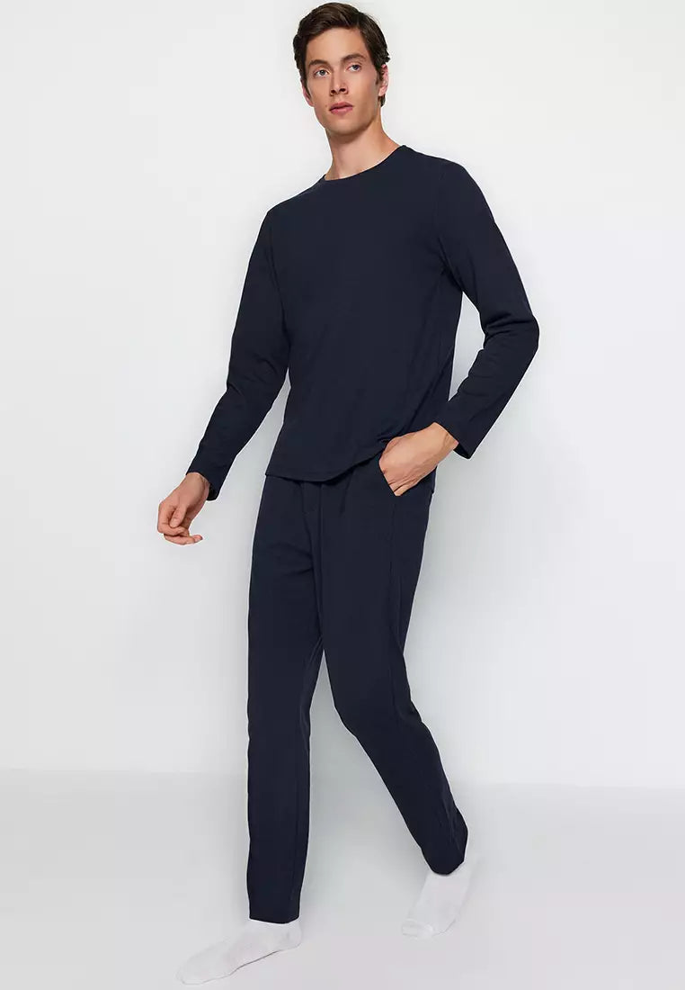 Men's Navy Blue Regular Fit Knitted Pajamas Set