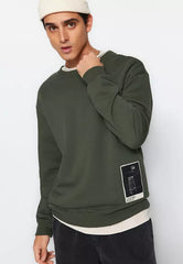 Khaki Men's Relaxed/Comfortable fit Art Theme Appliqués Cotton Sweatshirt