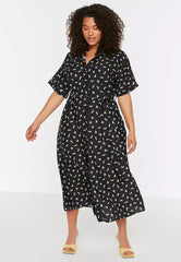 Plus Size Black Patterned Woven Dress with Belted and Slits