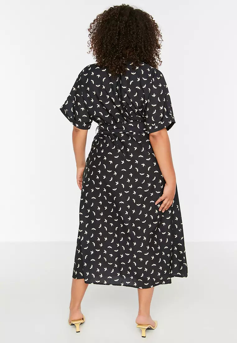 Plus Size Black Patterned Woven Dress with Belted and Slits