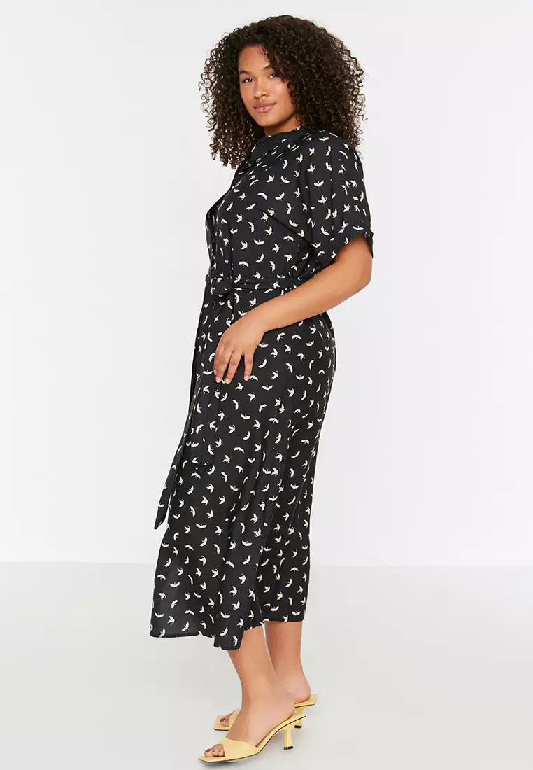 Plus Size Black Patterned Woven Dress with Belted and Slits