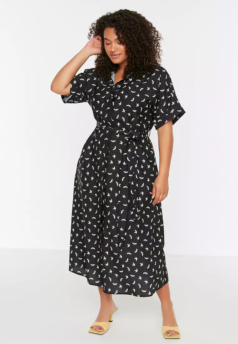 Plus Size Black Patterned Woven Dress with Belted and Slits