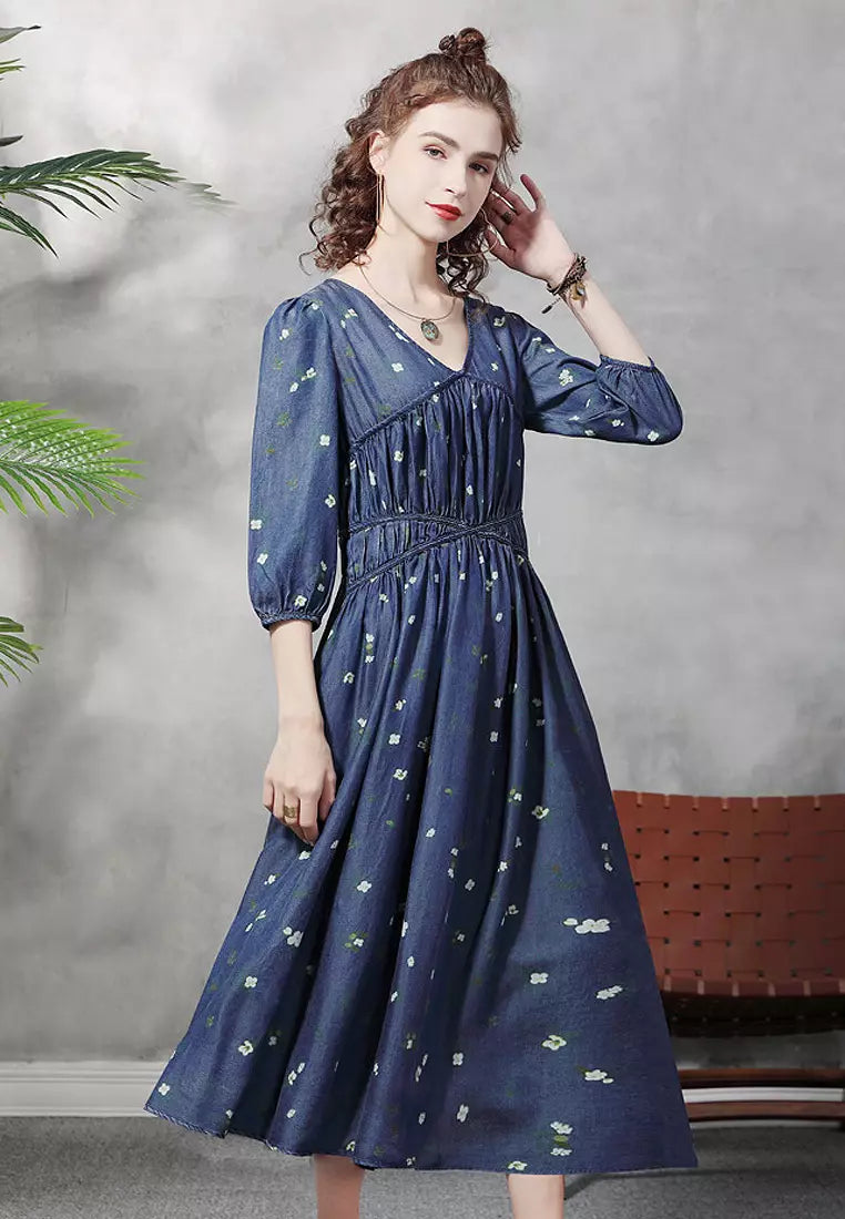 VANSA Slim Waist Floral Denim Dress VCW-Bd82353